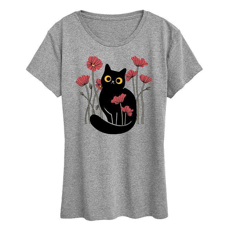 Plus Cat And Poppies Graphic Tee, Womens Grey Gray Product Image