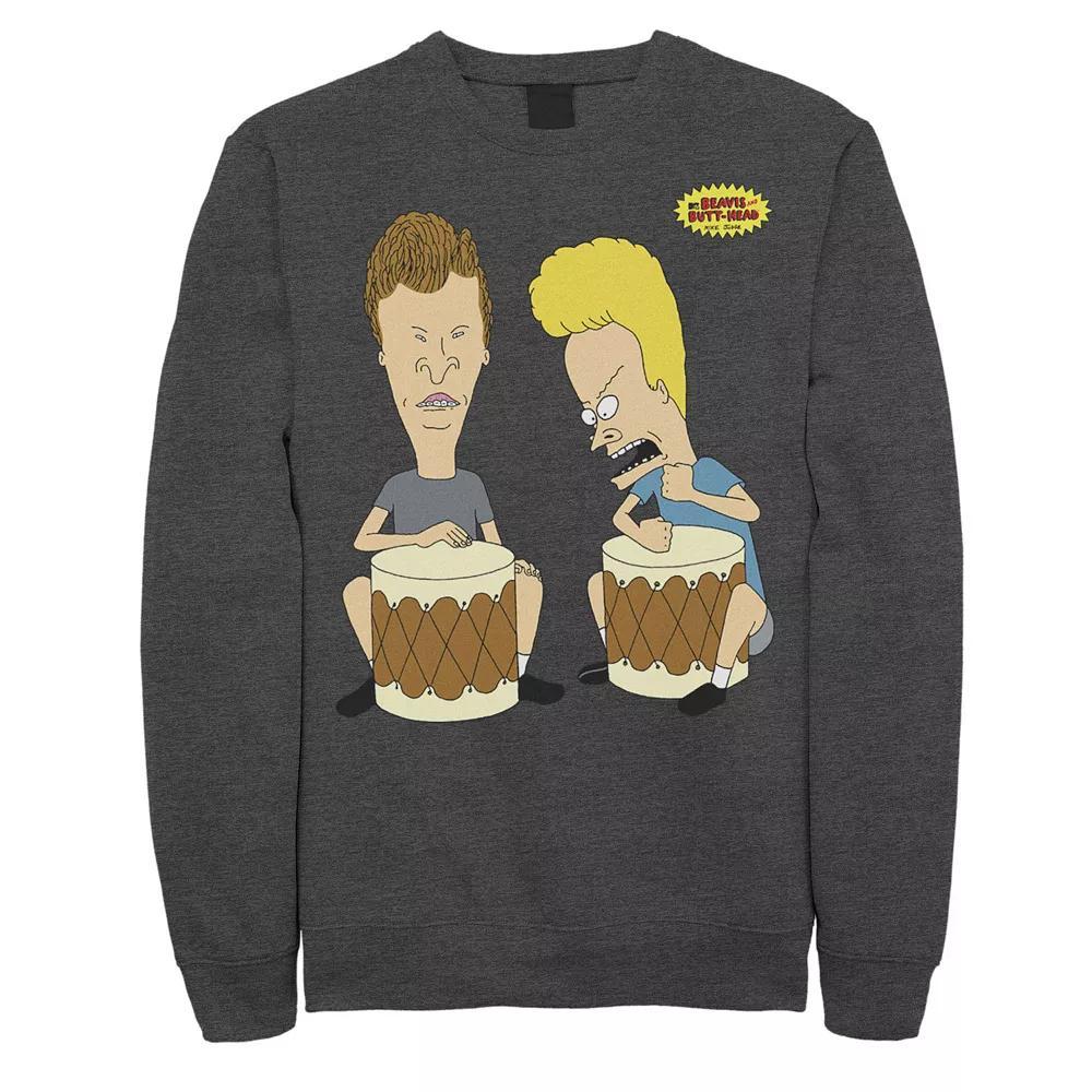 Men's Beavis & Butthead Playing Bongos Portrait Sweatshirt, Size: Medium, Grey Heather Product Image
