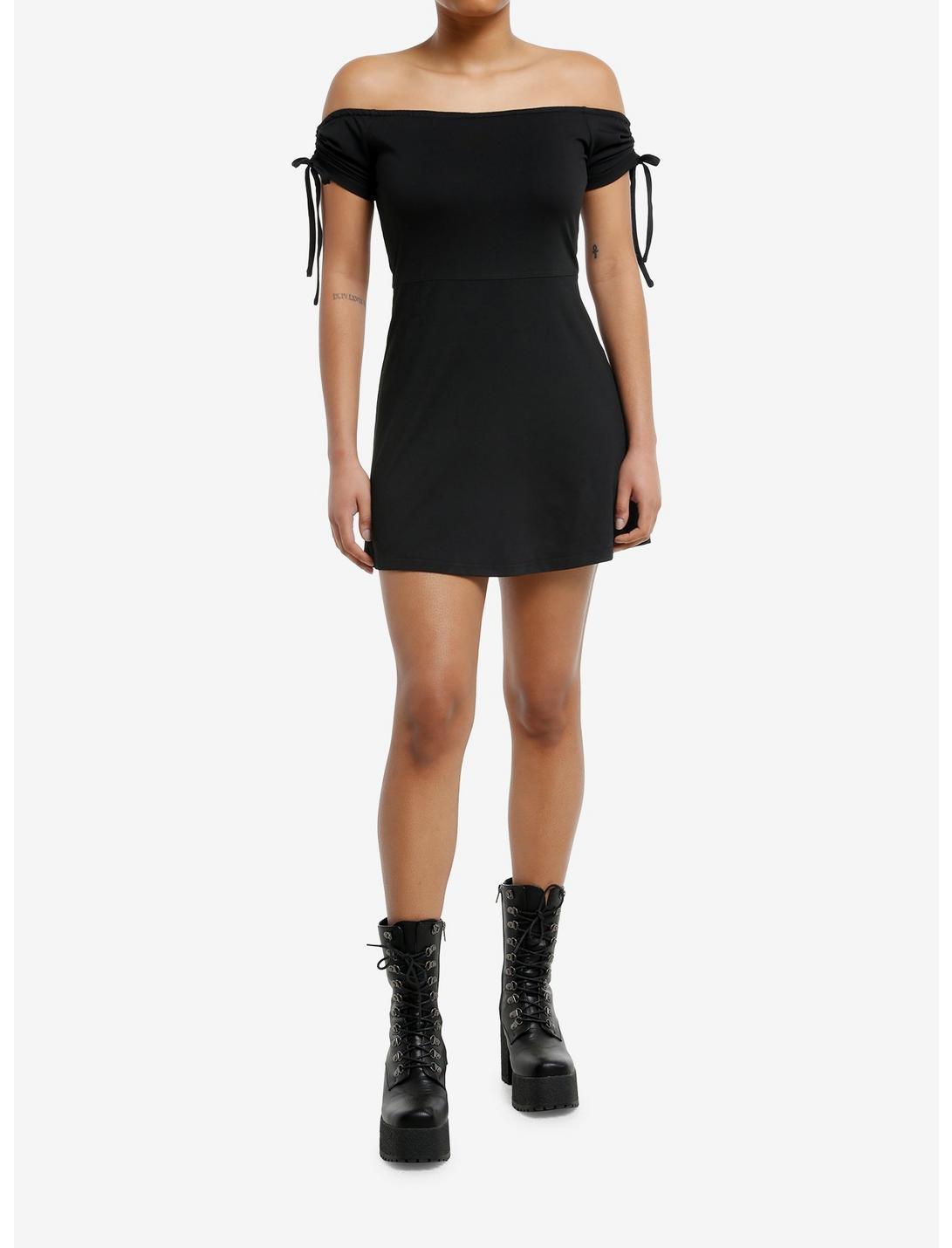 Cosmic Aura Black Ruched Off-The-Shoulder Dress Product Image
