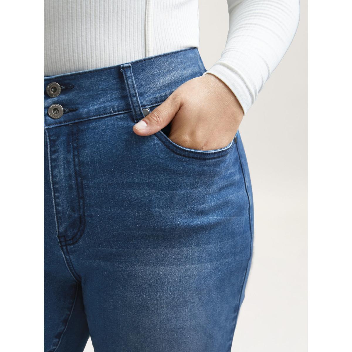 Plus Size Whiskered Stretchy Waist Bootcut Jeans Women Midblue Elegant Button Medium stretch Slanted pocket Jeans BloomChic 10/M Product Image