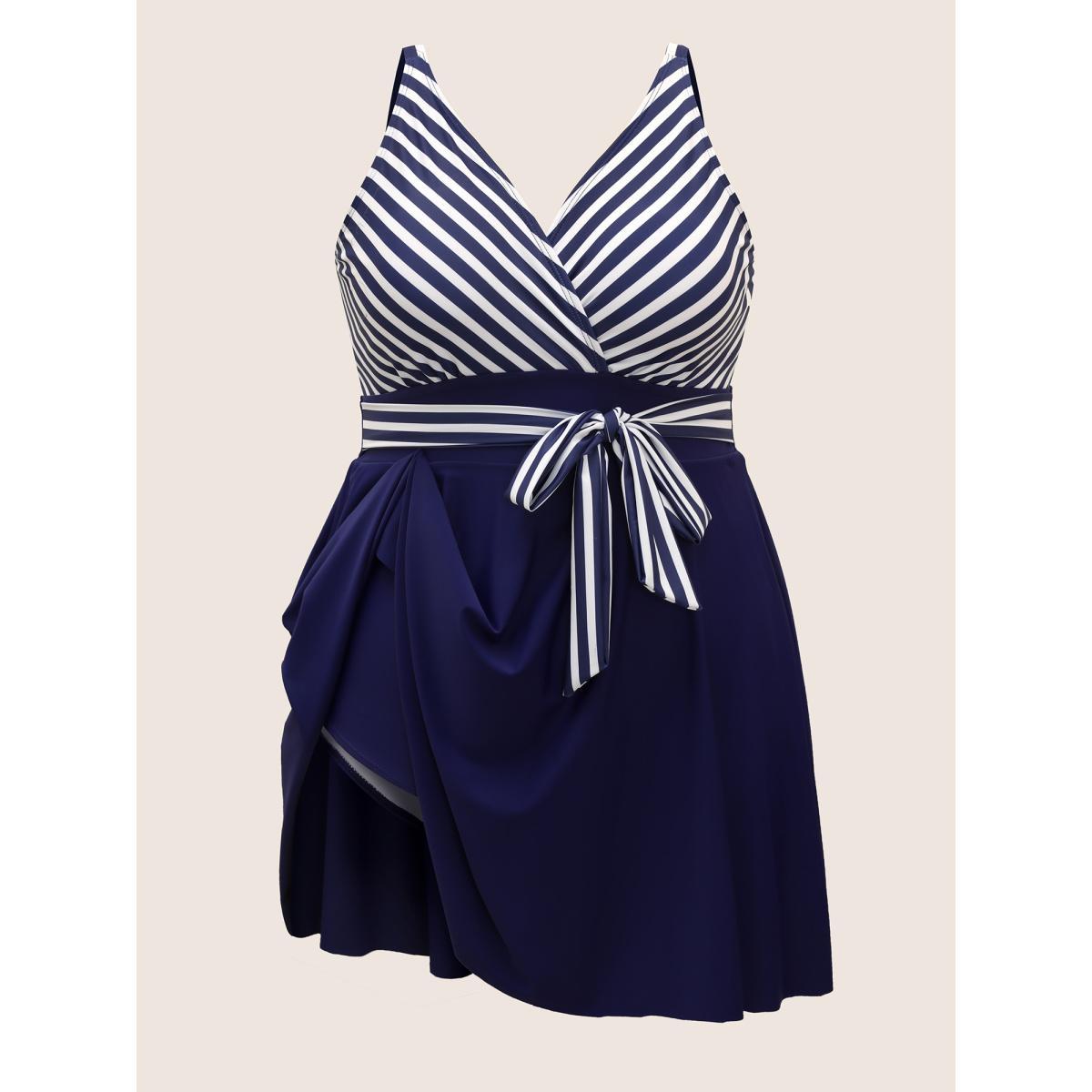 Plus Size Striped Patchwork Wrap Tie Knot Swim Dress Women's Swimwear Indigo Beach Bodycon Overlap Collar High stretch Curve Swim Dresses BloomChic 18-20/2X Product Image