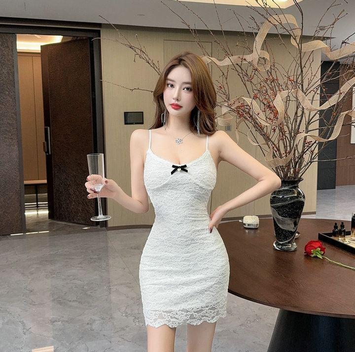 Spaghetti Strap Bow Lace Mini Bodycon Dress Product Image