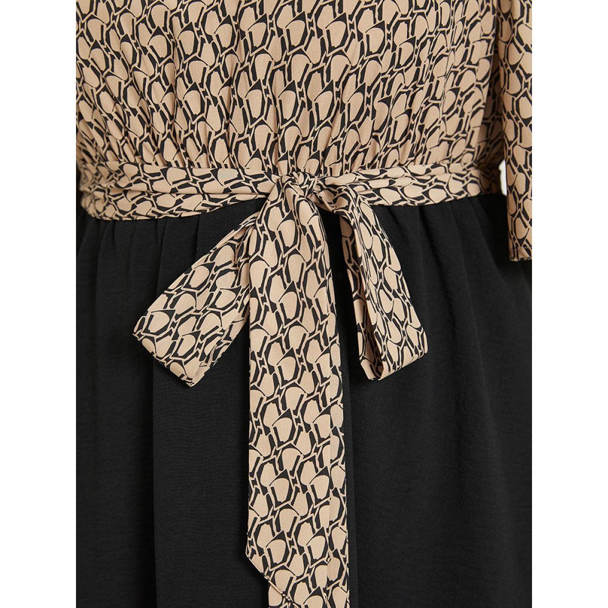 Plus Size Geometric Patchwork Pocket Belted Cold Shoulder Dress Tan Women Office Adjustable Straps Keyhole Cut-Out Half Sleeve Curvy Knee Dress BloomChic 18-20/2X Product Image