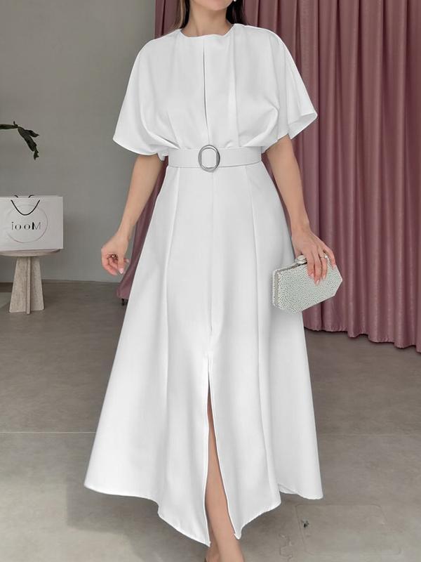 Loose Raglan Sleeve Pleated Split-Front Split-Joint Tied Waist Round-Neck Maxi Dresses Product Image