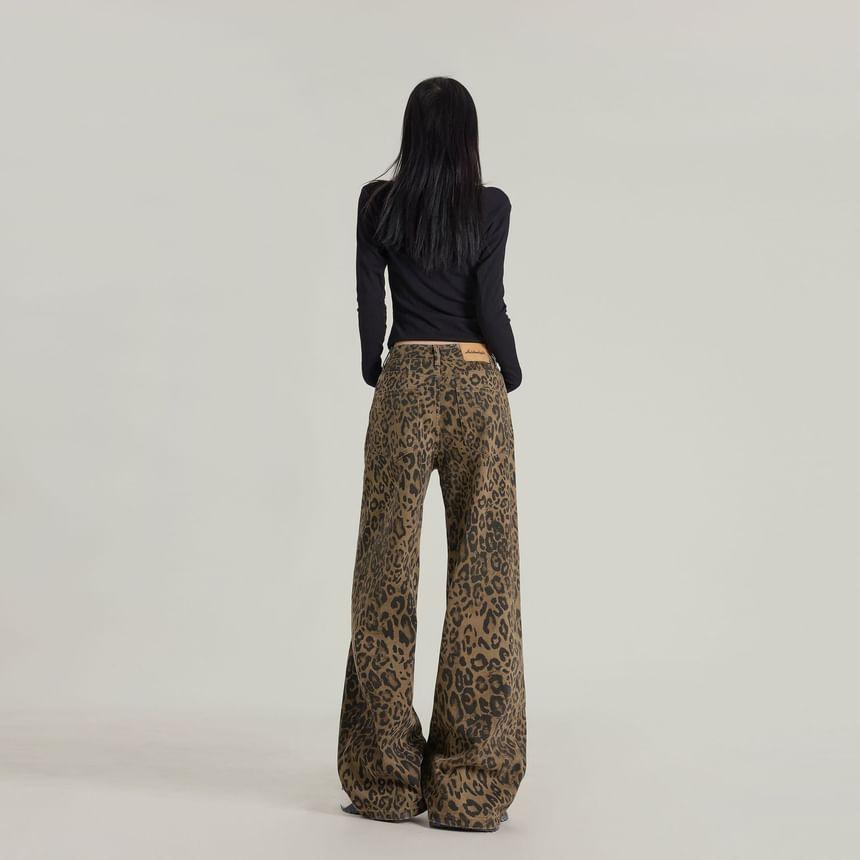 Low Waist Leopard Print Wide Leg Jeans (Various Designs) Product Image