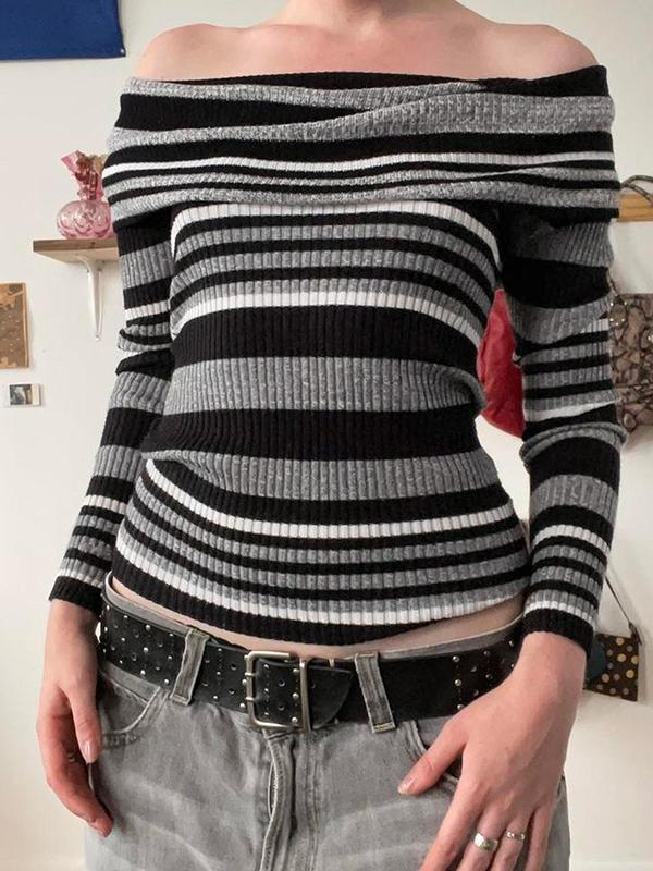 Contrast Color Striped Off Shoulder Slim Sweater Product Image