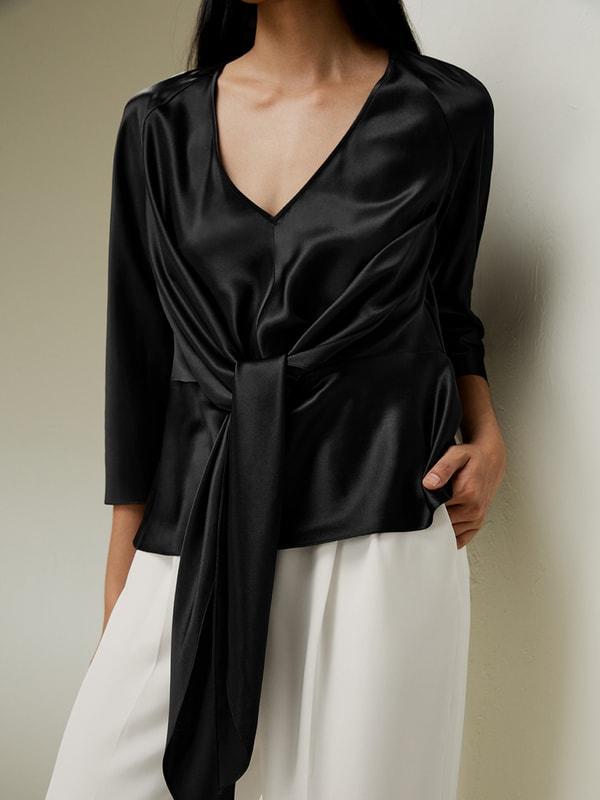 V Neck Silk Blouse with Waist Tie Product Image