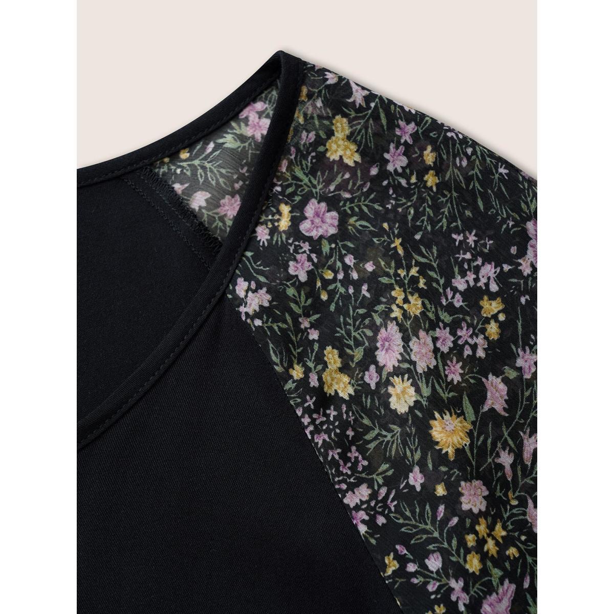 Plus Size Black Ditsy Floral Patchwork Ties Flutter Sleeve Blouse Women Elegant Short sleeve V-neck Everyday Blouses BloomChic 22-24/3X Product Image