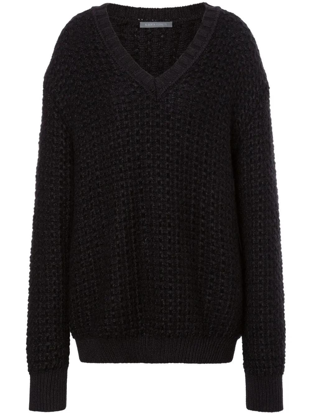 ALBERTA FERRETTI Chunky-knit V-neck Jumper In Black Product Image