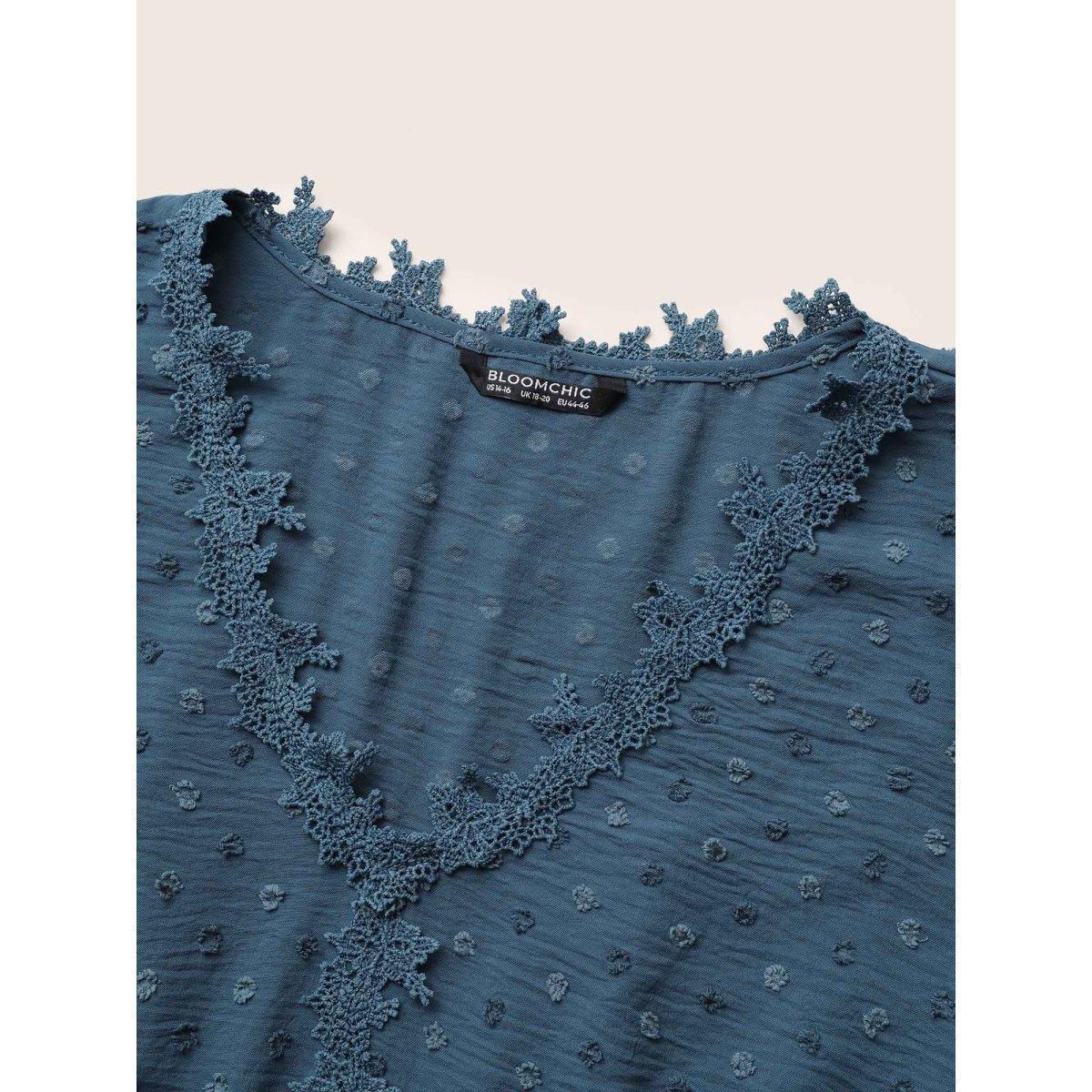 Plus Size Stone Polka Dot Textured Petal Sleeve Lace Trim Blouse Women Elegant Half Sleeve V-neck Work Blouses BloomChic 22-24/3X Product Image