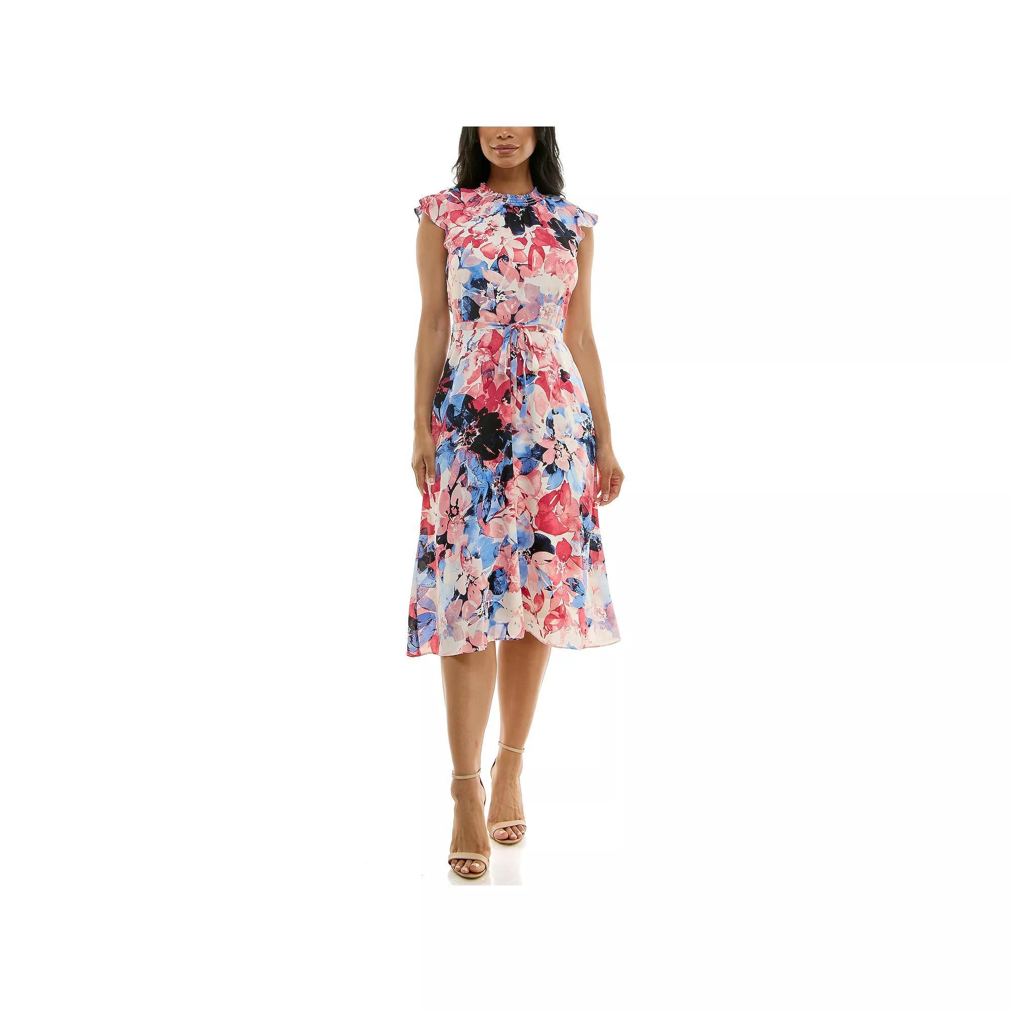 Womens Nina Leonard Smocked Flutter Sleeve Print Dress Product Image