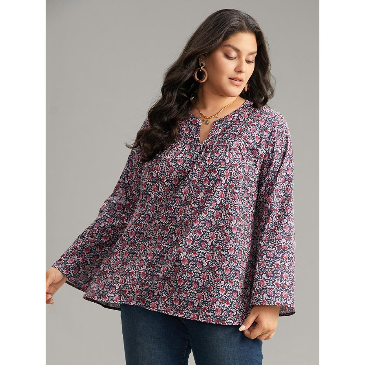 Plus Size Indigo Ditsy Floral Notched Bell Sleeve Blouse Women Vacation Long Sleeve Notched collar Dailywear Blouses BloomChic 12/L Product Image