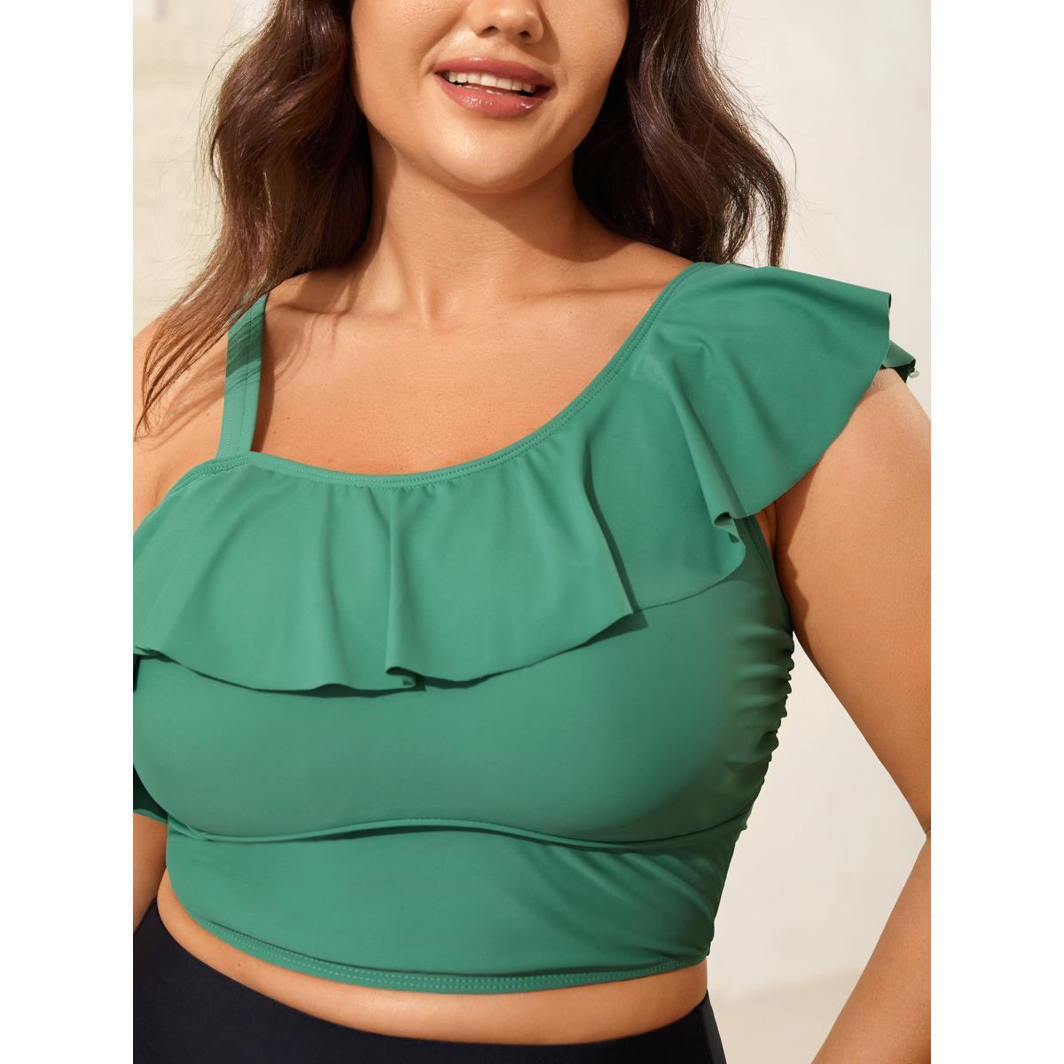 Plus Size Ruffled Asymmetrical Shoulder Strap Swim Top Women's Swimwear Greenbean Beach Ruffles High stretch Skinny Asymmetrical Neck Curve Swim Tops BloomChic 18-20/2X Product Image