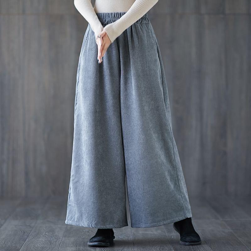 Elastic Waist Plain Corduroy Wide Leg Pants Product Image