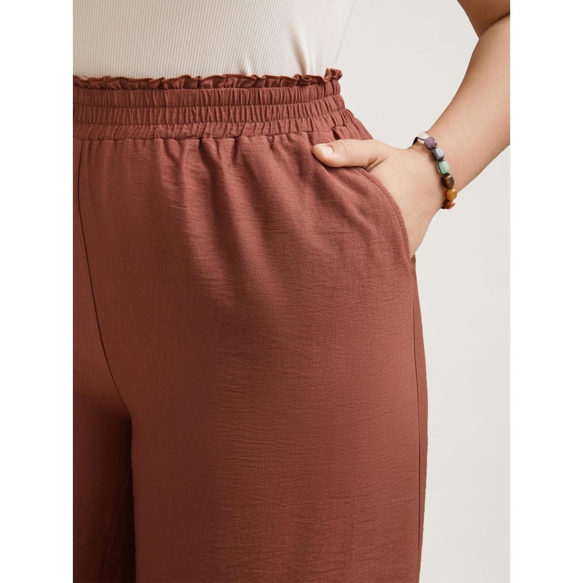 Plus Size Smocked Stretchy Waist Ruffled Wide Leg Pants Women Maroon Resort Wide Leg Mid Rise Vacation Pants BloomChic 28/5X Product Image