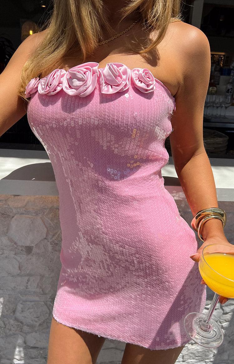 Quinn Pink Sequin Rose Mini Dress Product Image