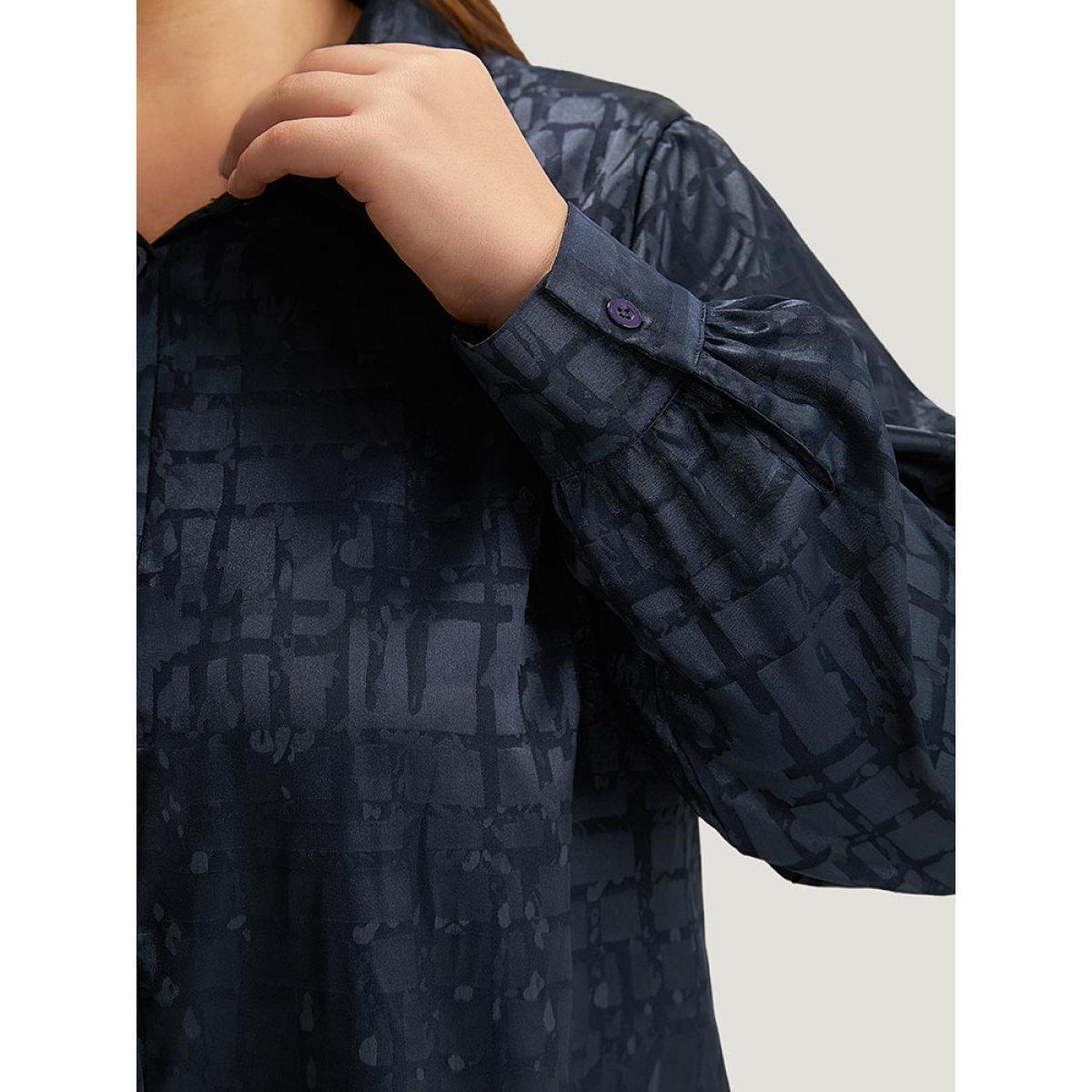 Plus Size Indigo Plisse Satin Button Up Curved Hem Blouse Women Office Long Sleeve Shirt collar Work Blouses BloomChic 18-20/2X Product Image