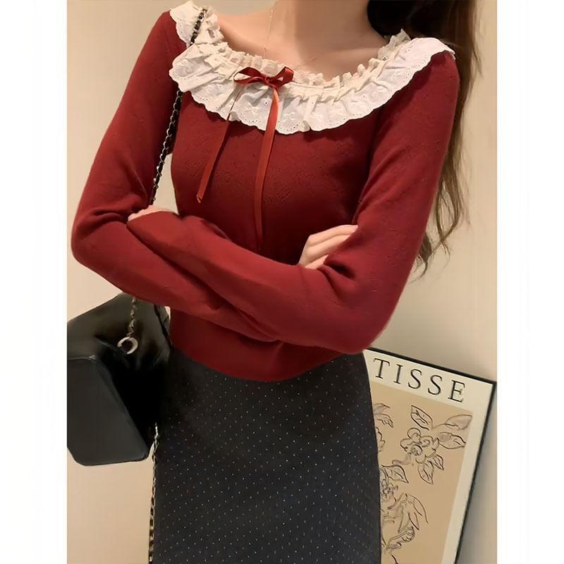 Long-Sleeve Round Neck Plain Bow Lace Trim Knit Top Product Image