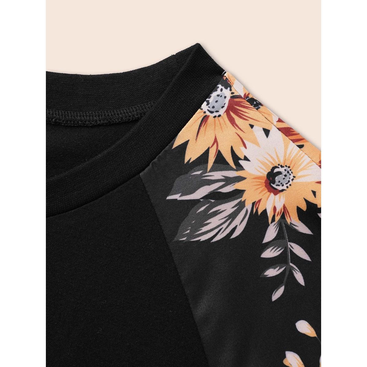 Plus Size Halloween Floral Patchwork Print Raglan Sleeve Sweatshirt Women Black Casual Elastic cuffs Round Neck Festival-Halloween Sweatshirts BloomChic 14-16/1X Product Image