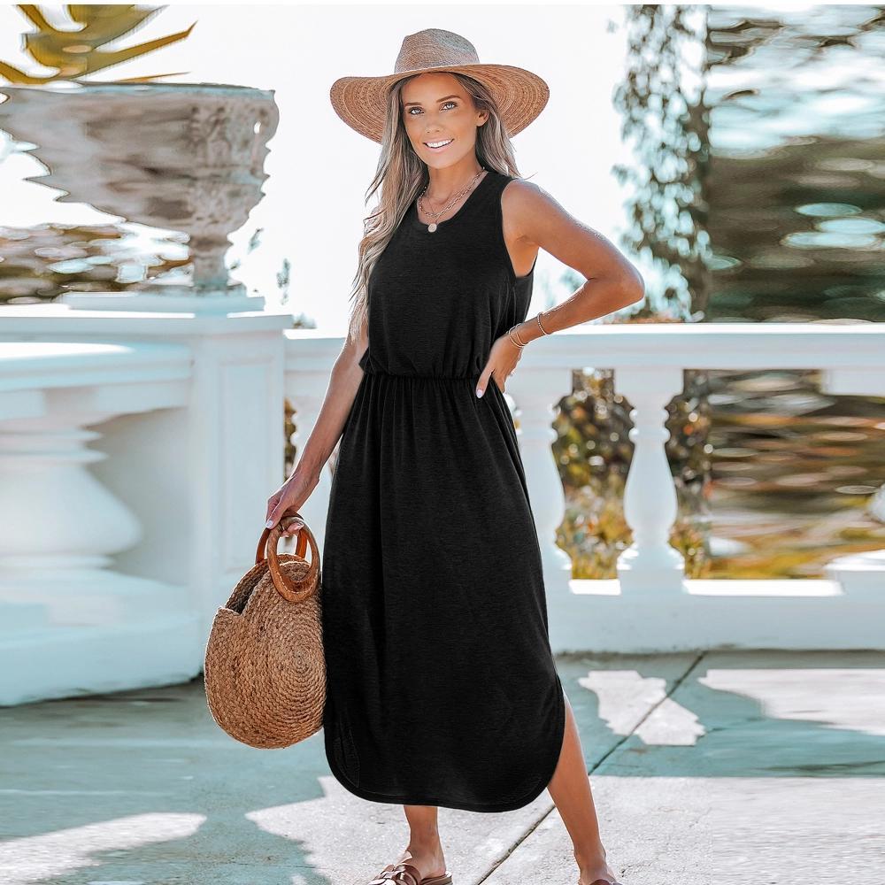 Women's Scoop Neck Side Slit Maxi Dress - Cupshe-M-Black Product Image