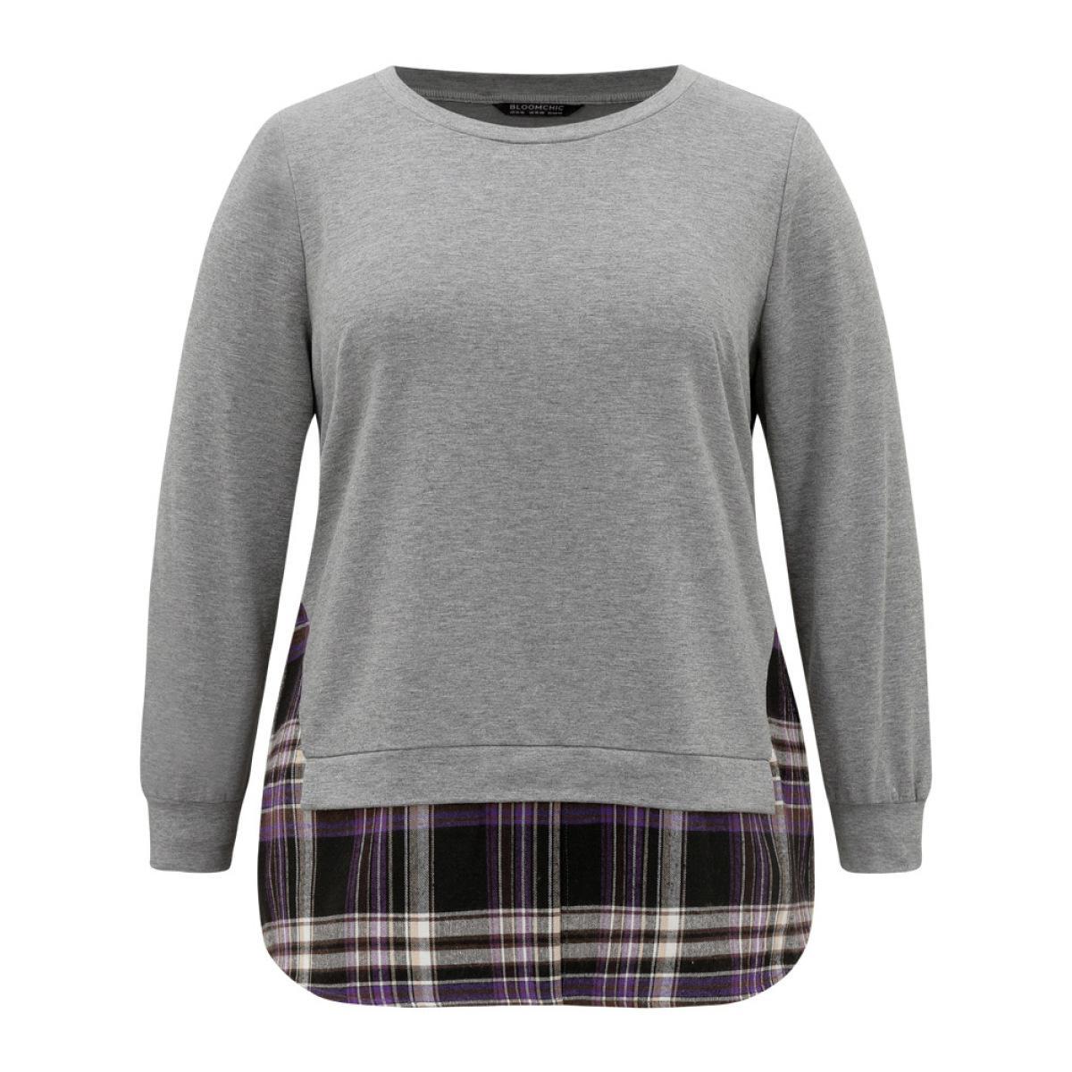 Plus Size Plaid Patchwork Contrast Crew Neck Sweatshirt Women Gray Casual Contrast Round Neck Dailywear Sweatshirts BloomChic 28/5X Product Image