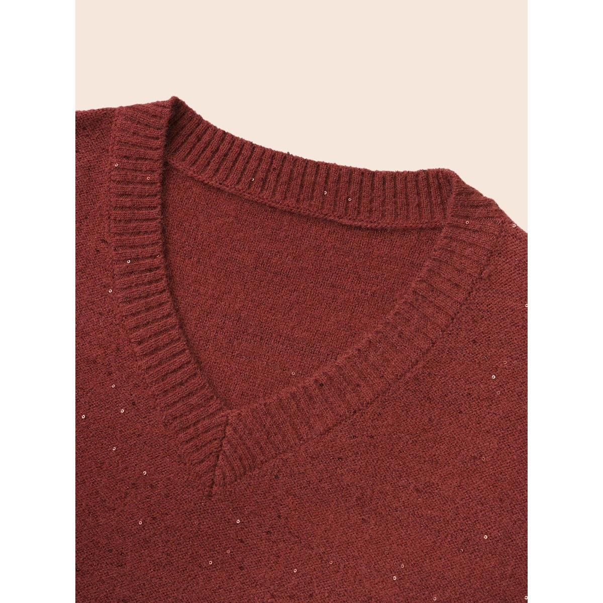 Plus Size V Neck Glitter Dropped Shoulder Split Hem Pullover Deepred Women Casual Loose Long Sleeve V-neck Everyday Pullovers BloomChic 12/L Product Image