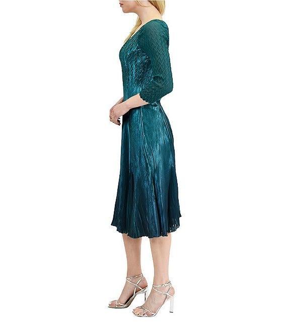 Komarov Charmeuse Chiffon V-Neck 3/4 Sleeves Beaded Trim Fit & Flare Midi Dress Product Image