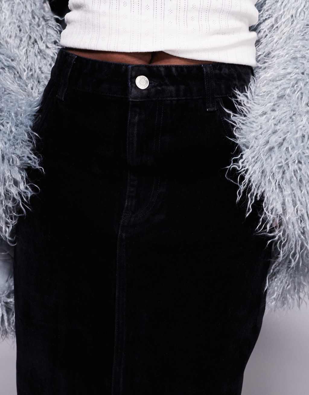 ASOS DESIGN flocked denim maxi skirt with back slit in black Product Image