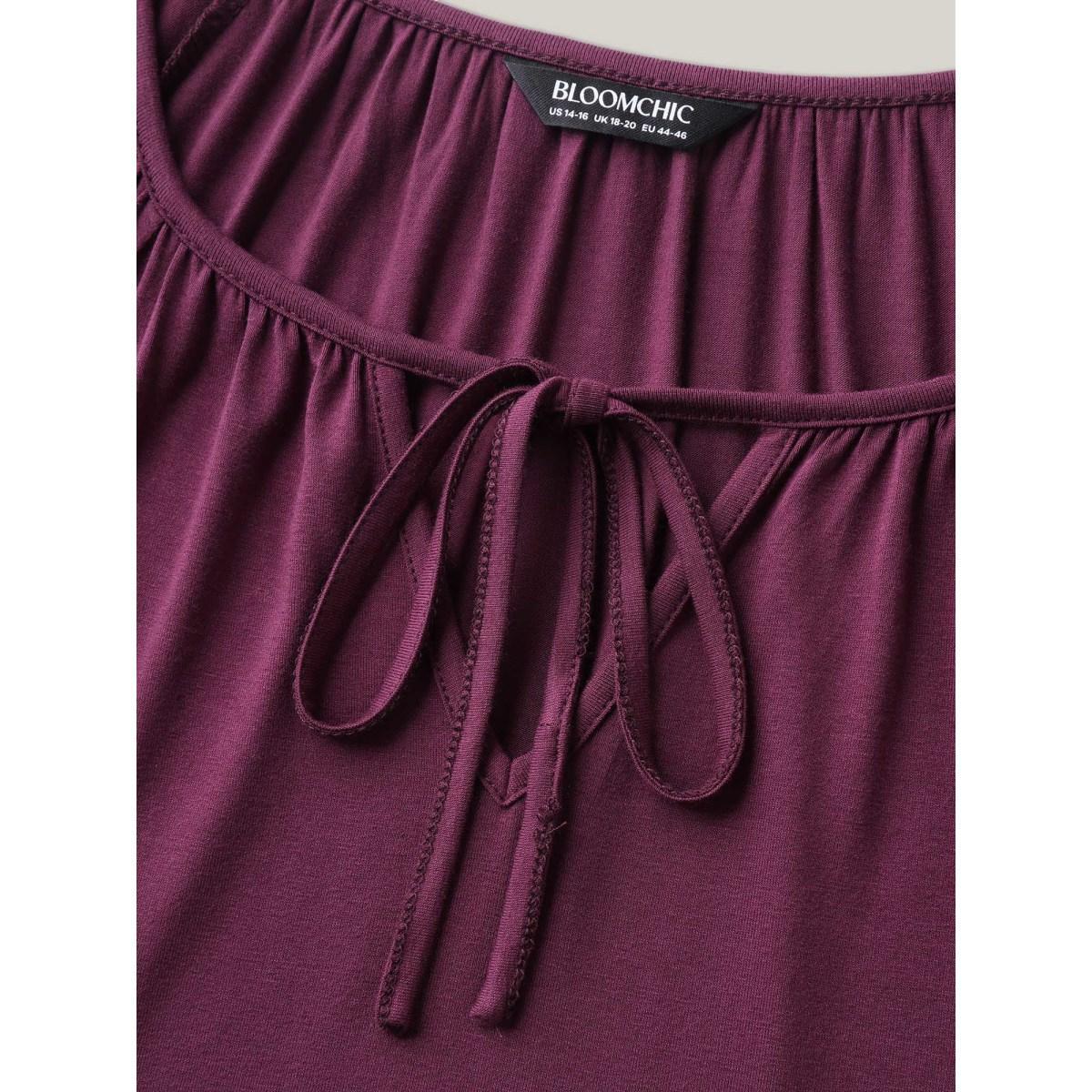 Plus Size Adjustable Neck Ties O-Style T-Shirt Plum Women Casual Tie knot Boat Neck Loose Everyday T-shirts BloomChic 10/M Product Image