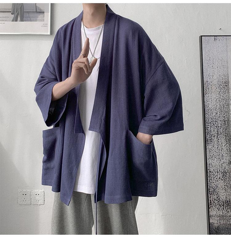 3/4-Sleeve Plain Open Front Kimono Jacket Product Image