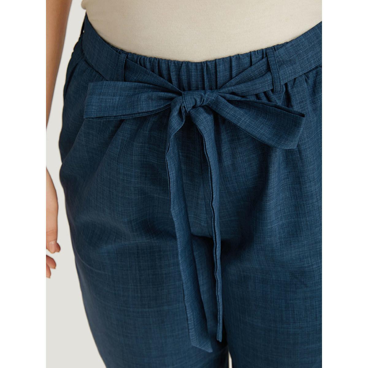 Plus Size Solid Elastic Waist Pocket Belted Pants Women Indigo Casual Straight Leg High Rise Dailywear Pants BloomChic 26/4X Product Image