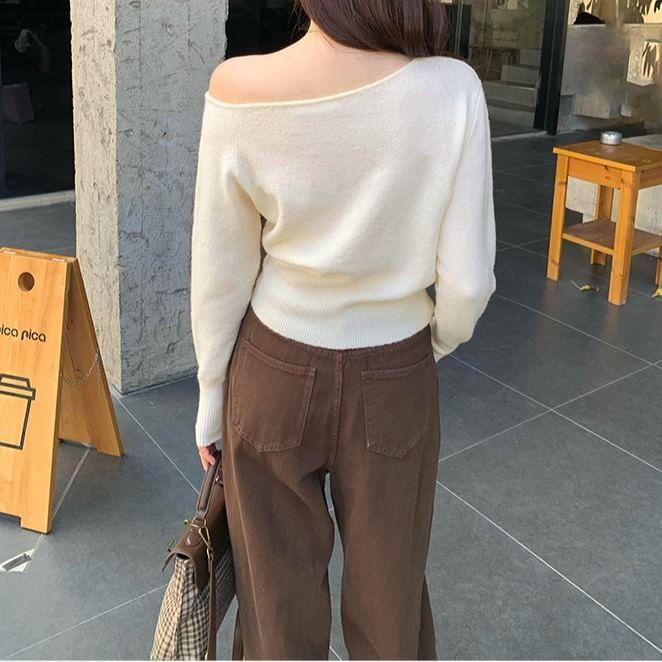 Long-Sleeve Off Shoulder Plain Knit Top Product Image