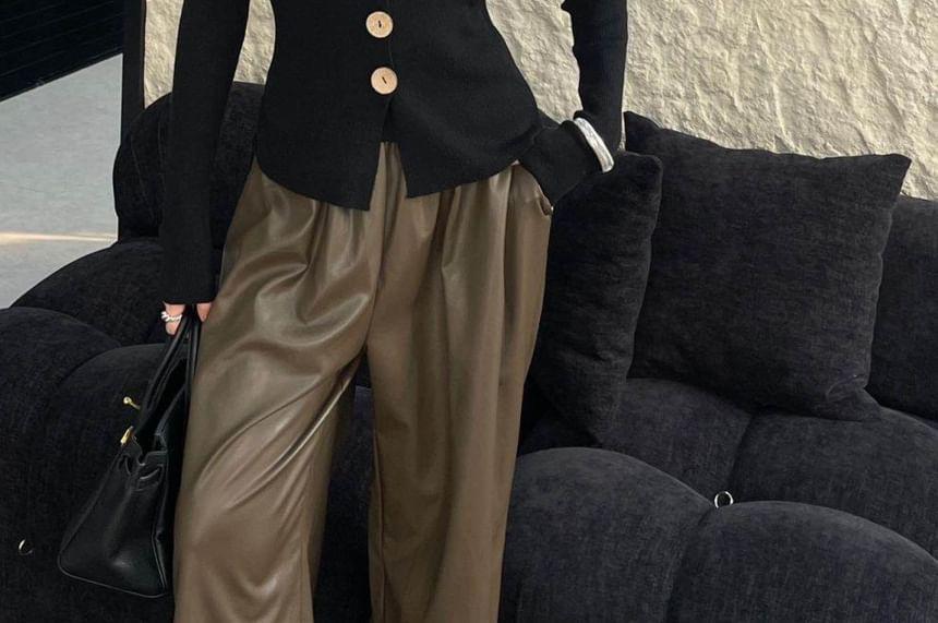Mock Two-Piece Long-Sleeve Halter Plain Button Ribbed Knit Top Product Image