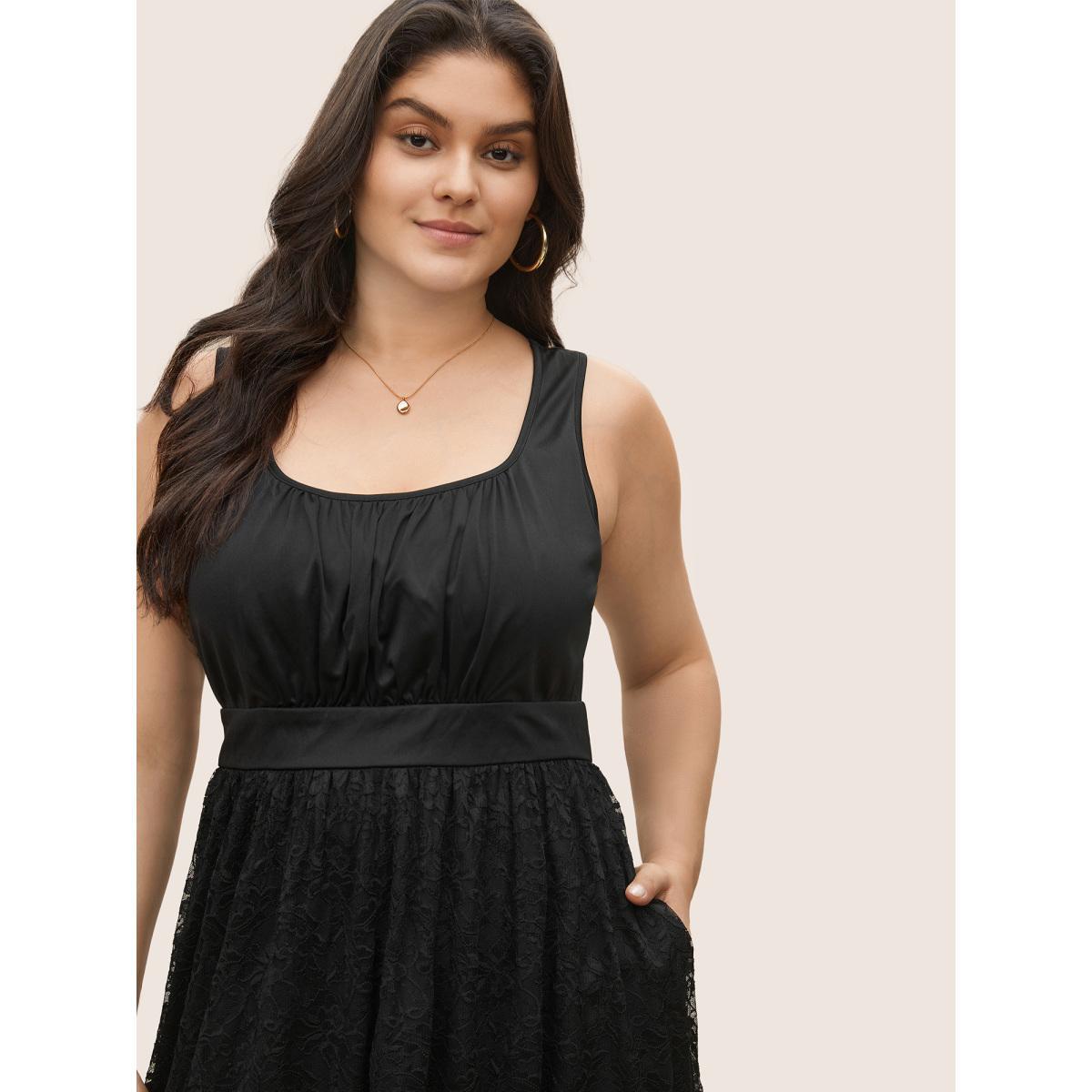 Plus Size Lace Panel Gathered Front Tank Dress Black Women Elegant Non Square Neck Sleeveless Curvy Midi Dress BloomChic 18-20/2X Product Image