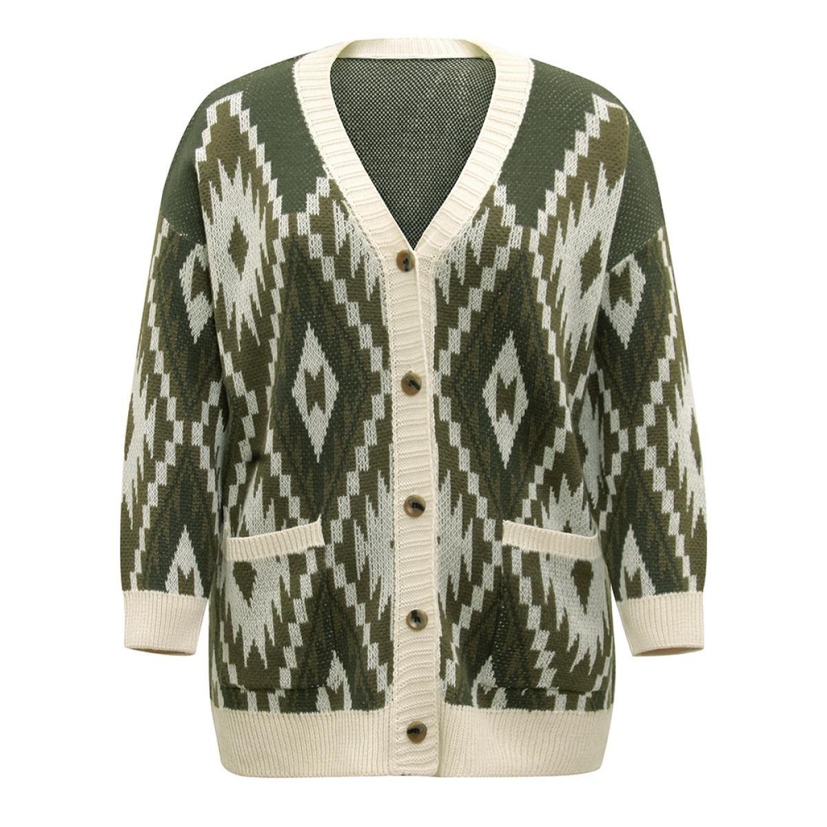 Plus Size Bandana Jacquard Button Through Patched Pocket Cardigan ArmyGreen Women Casual Loose Long Sleeve Dailywear Cardigans BloomChic 26/4X Product Image