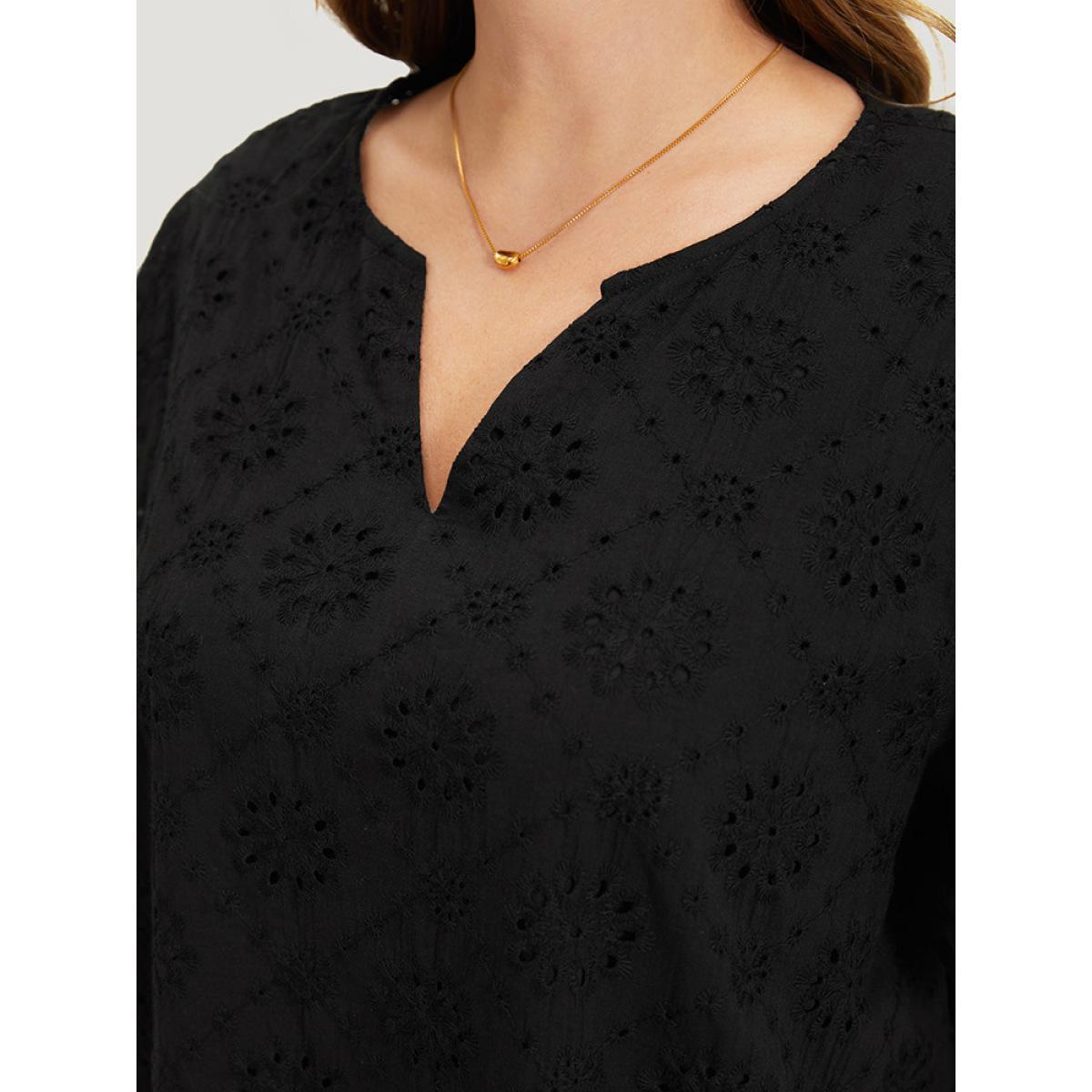 Plus Size Black Solid Broderie Anglaise Notched Ruffle Sleeve Blouse Women Vacation Short sleeve Notched collar Dailywear Blouses BloomChic 22-24/3X Product Image