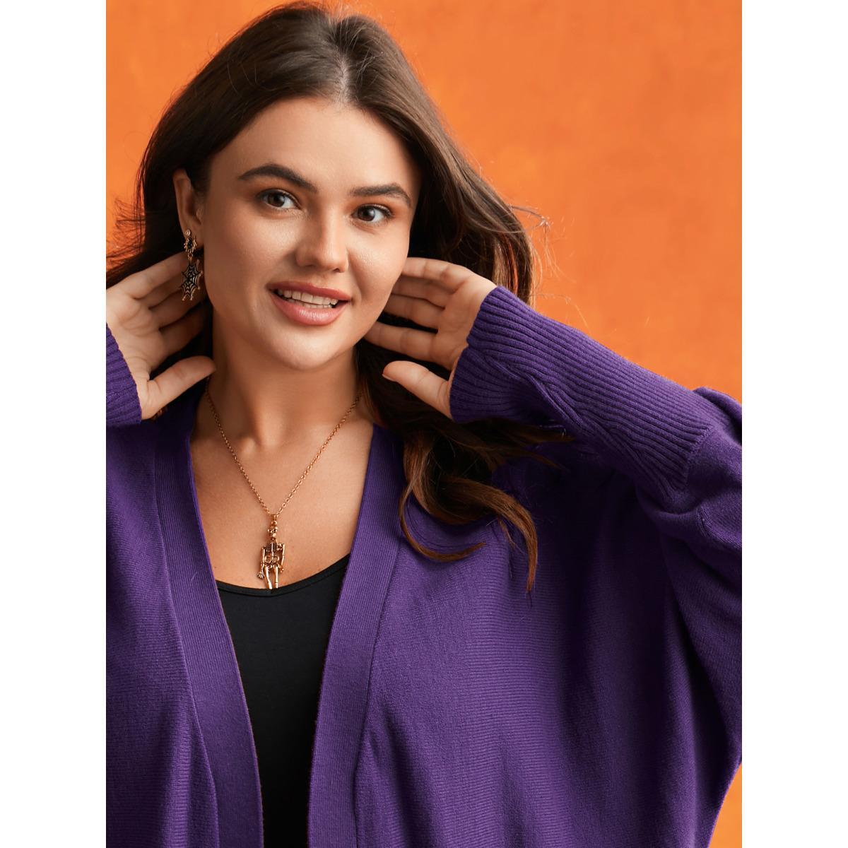 Plus Size Cat Printed Pockets Arc Hem Cardigan Deeppurple Women Casual Loose Long Sleeve Everyday Cardigans BloomChic 18-20/2X Product Image