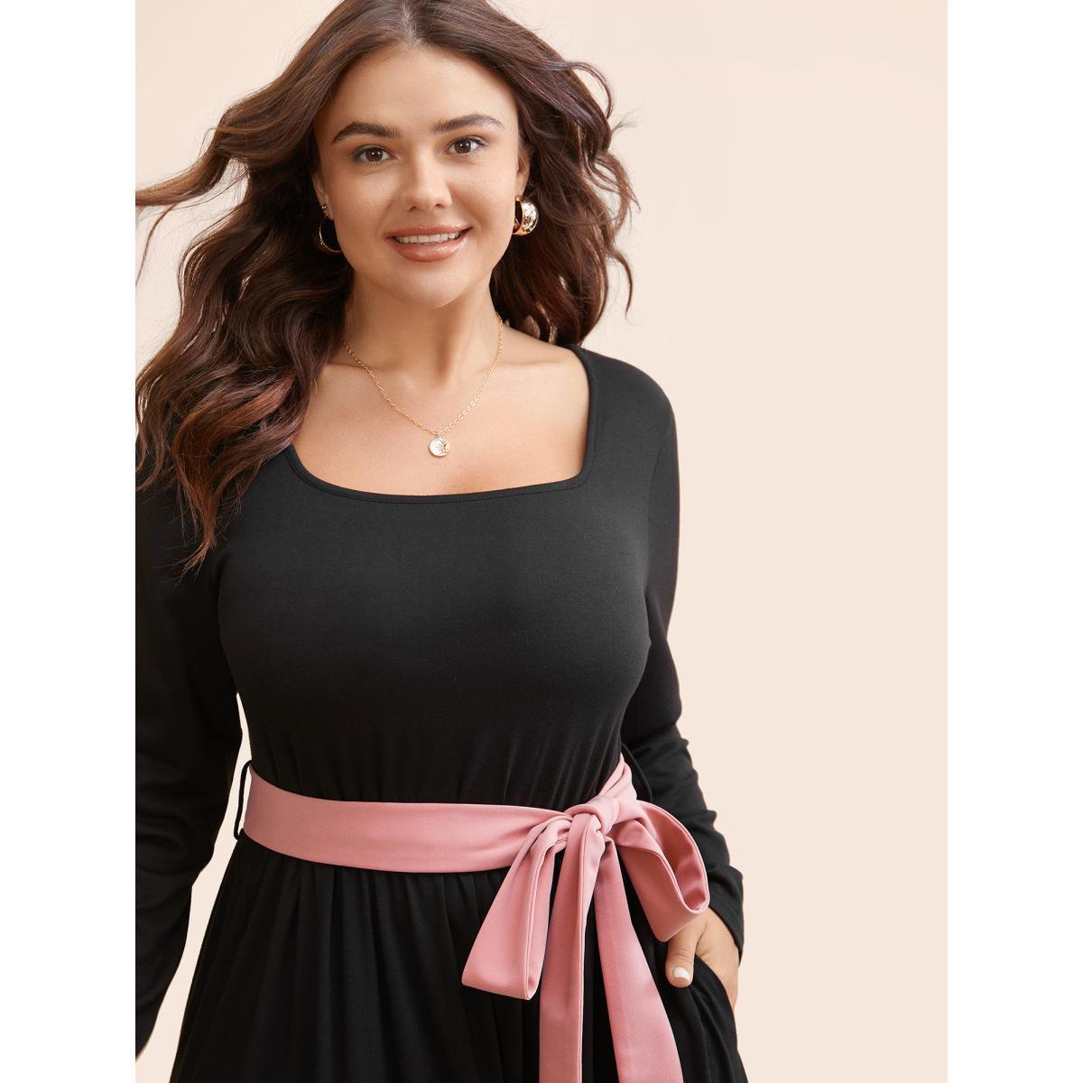 Plus Size Two Tone Belted Bowknot Square Neck Dress Black Women Elegant Non Square Neck Long Sleeve Curvy Knee Dress BloomChic 18-20/2X Product Image