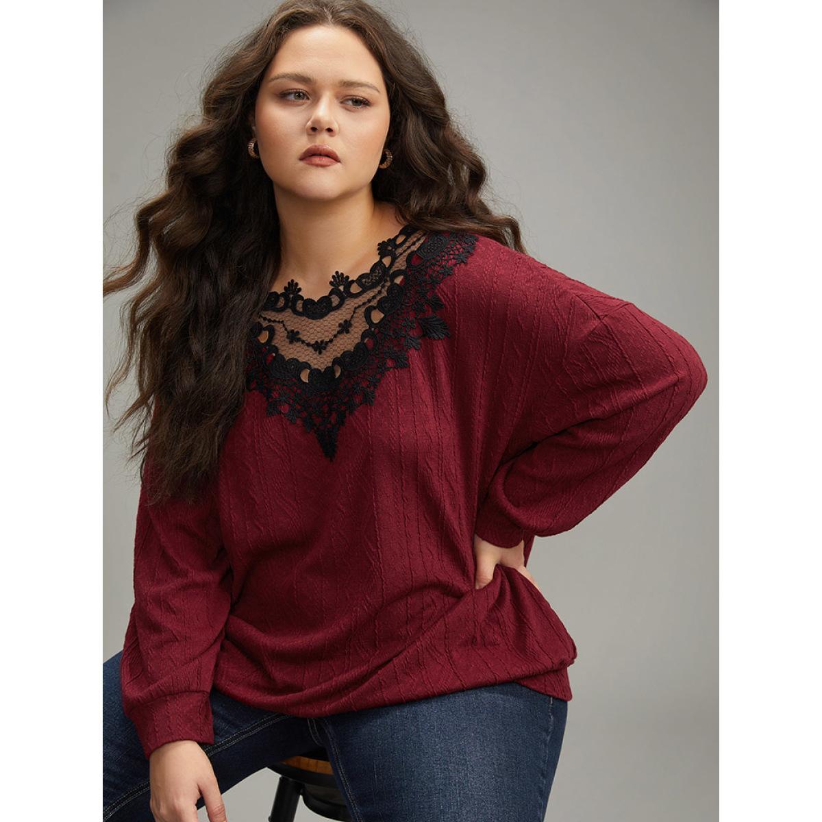 Plus Size Plain Textured Patchwork Lace Panel Sweatshirt Women Scarlet Elegant Elastic cuffs Round Neck Everyday Sweatshirts BloomChic 22-24/3X Product Image