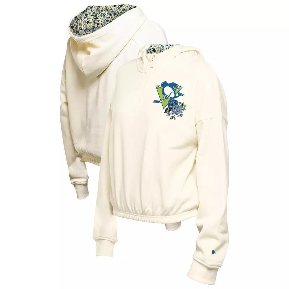 Women's New Era Cream Pittsburgh Penguins Glam Game Quarter-Zip Cropped Floral Hoodie Pullover, Size: Large, Beige Product Image