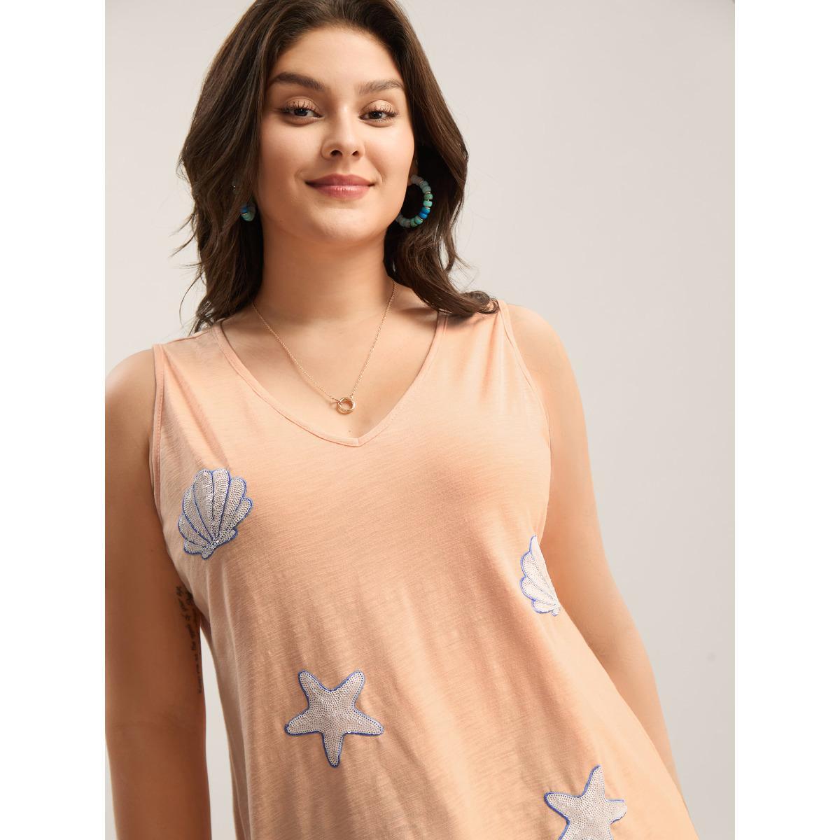 Plus Size Seashells Sequin Plain Tank Top Women Lightorange Embroidered V-neck Vacation Tank Tops Camis BloomChic 22-24/3X Product Image