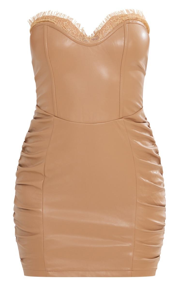 Camel PU Lace Trim Detail Bandeau Bodycon Dress Product Image