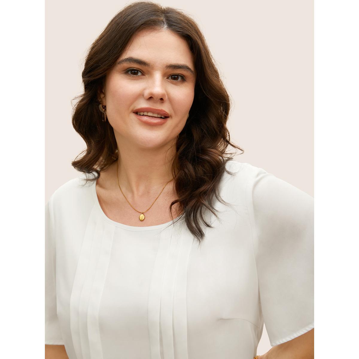 Plus Size Ivory Tiered Mesh Pleated Ruffle Sleeve Blouse Women At the Office Short sleeve Round Neck Work Blouses BloomChic 14-16/1X Product Image