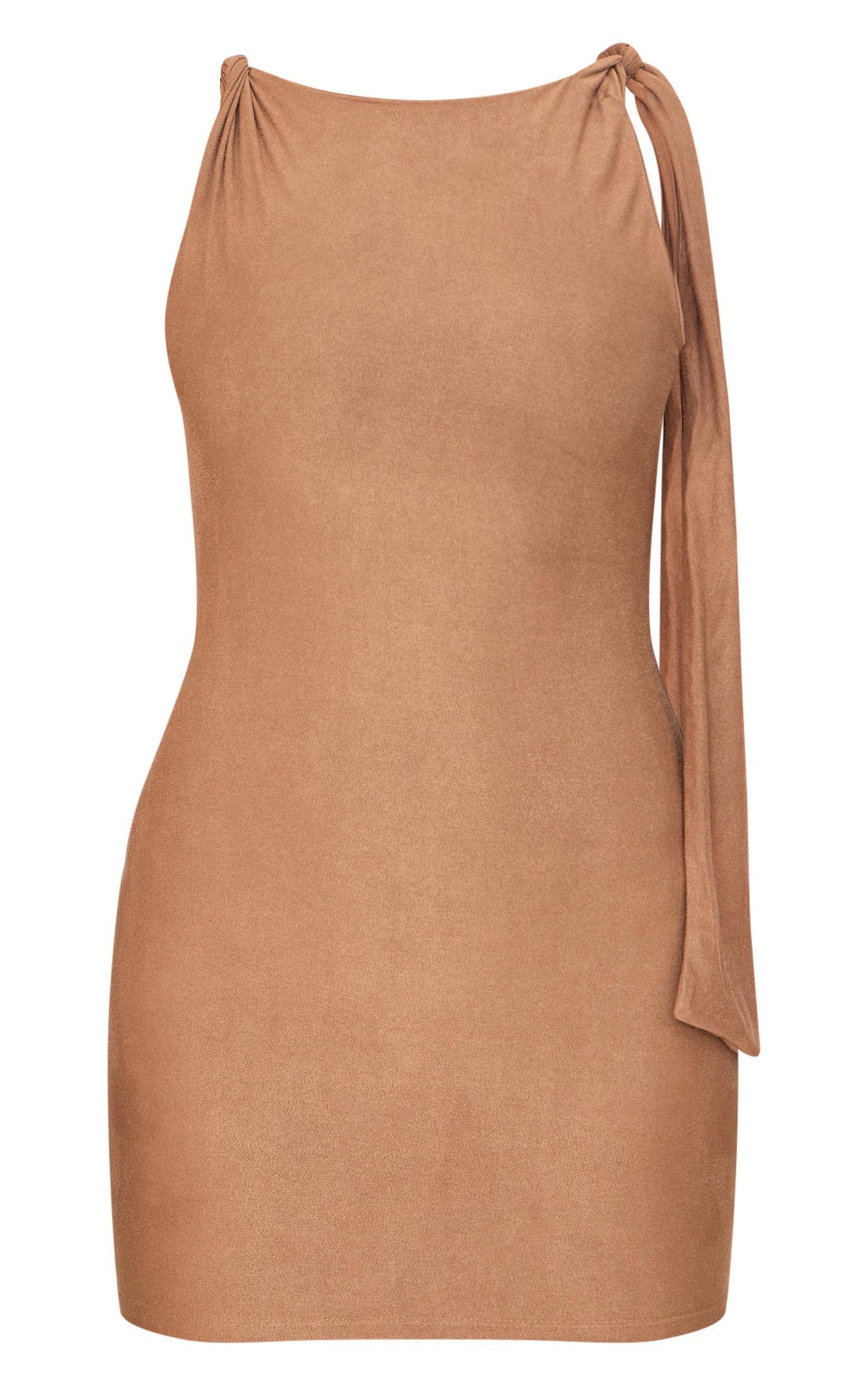 Camel Faux Suede Knot Drape Bodycon Dress Product Image