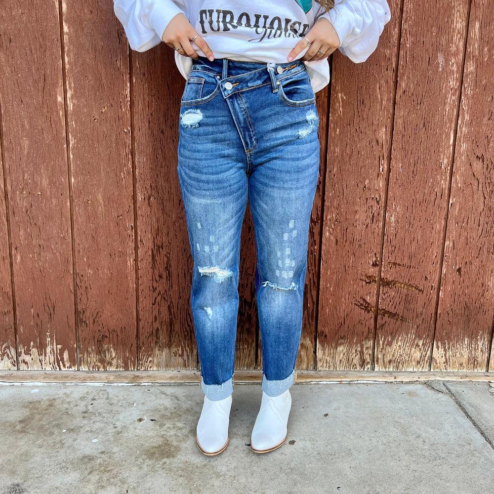 Risen Medium Wash Boyfriend Crossover Jeans* Product Image