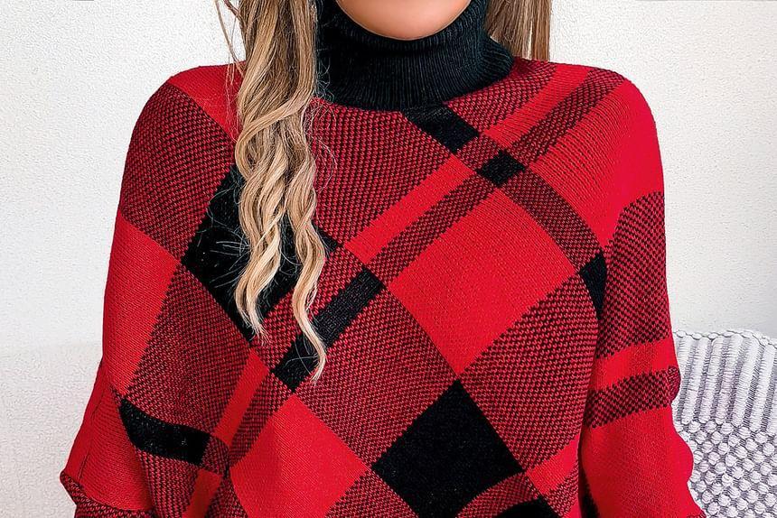 Turtleneck Plaid Asymmetrical Contrast Trim Sweater Product Image