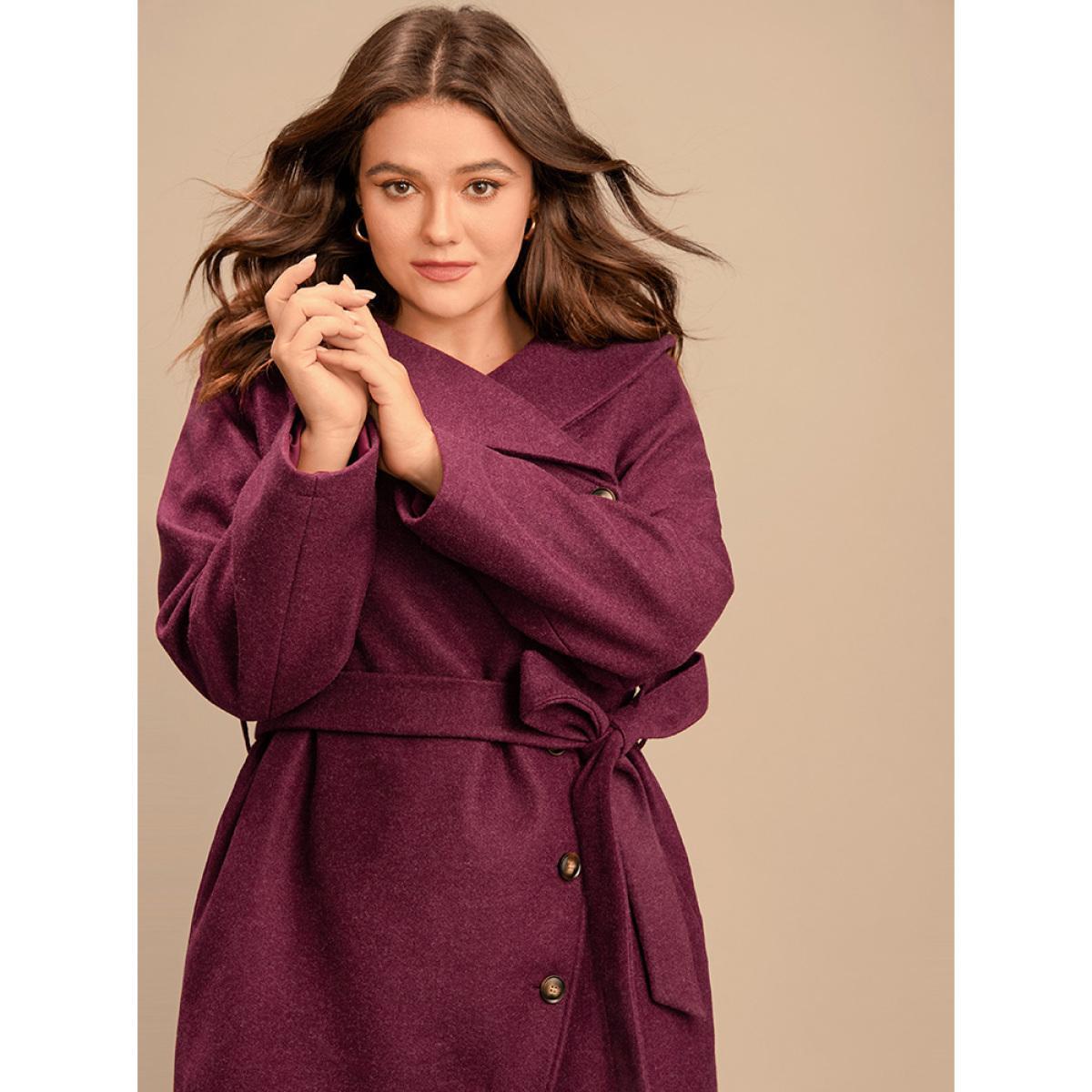 Plus Size Solid Foldover Collar Pocket Asymmetrical Hem Belted Coat Women Burgundy Elegant Cross straps Ladies Dailywear Winter Coats BloomChic 12/L Product Image