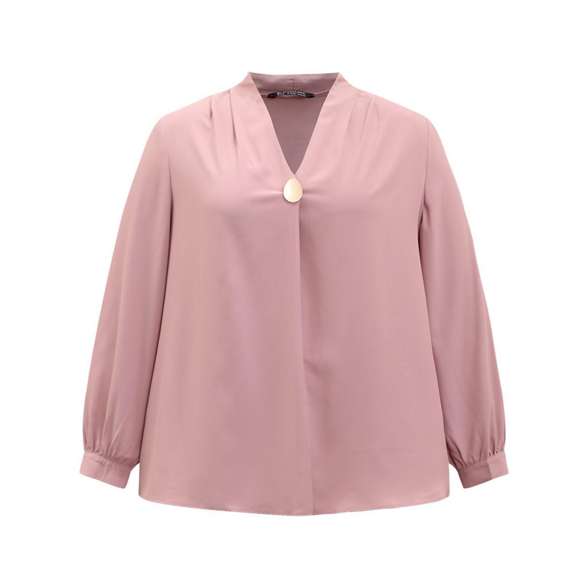 Plus Size DustyPink Plain Buckle Detail Pleated Blouse Women Office Long Sleeve V-neck Work Blouses BloomChic 18-20/2X Product Image