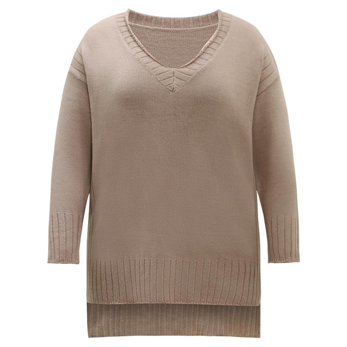 Plus Size Solid Split Side High Low Hem Pullover Tan Women Casual Loose Long Sleeve V-neck Dailywear Pullovers BloomChic 18-20/2X Product Image