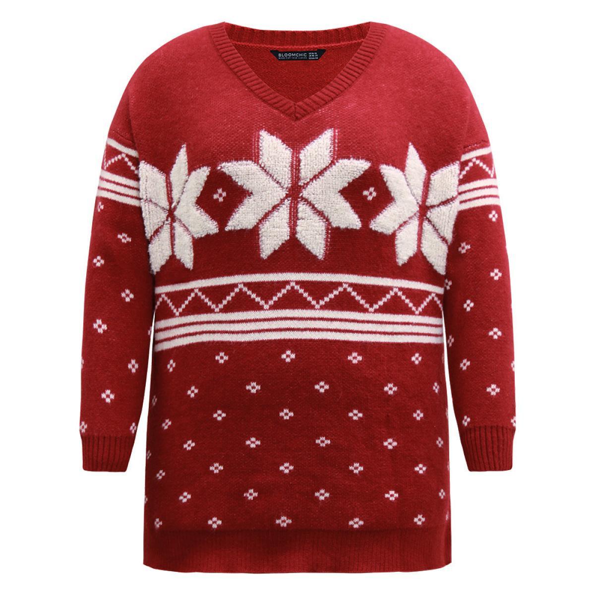 Plus Size Supersoft Essentials Towel Embroidered Snowflake Pullover Scarlet Women Casual Loose Long Sleeve V-neck Festival-Christmas Pullovers BloomChic 30/6X Product Image
